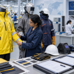 Dans l'usine, une femme examine différents vêtements de sécurité et des échantillons de tissus