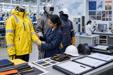 Dans l'usine, une femme examine différents vêtements de sécurité et des échantillons de tissus
