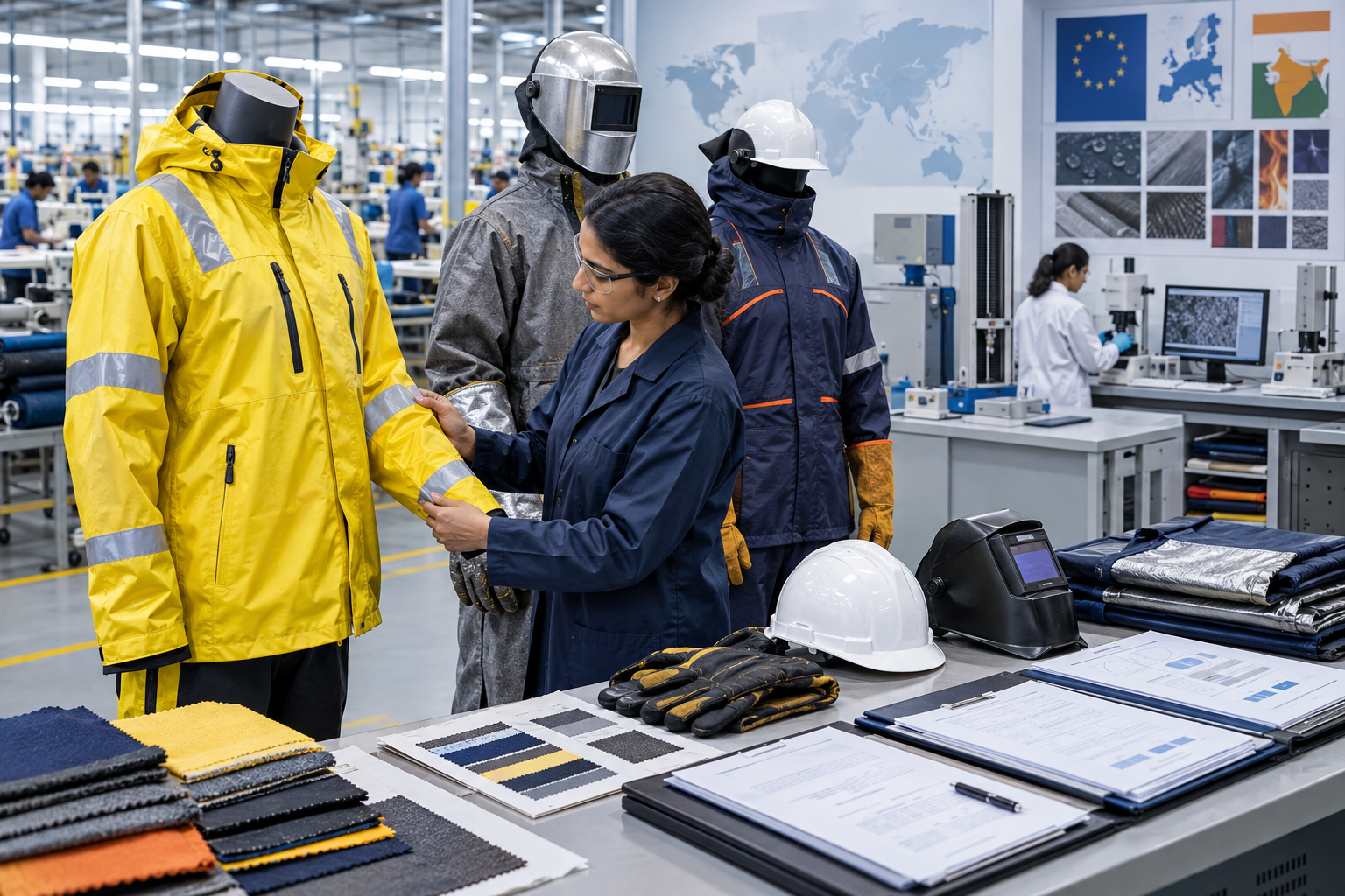 Dans l'usine, une femme examine différents vêtements de sécurité et des échantillons de tissus