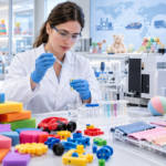 Dans un laboratoire, un scientifique analyse le liquide contenu dans un tube à essai à l'aide d'une pipette ; on aperçoit autour de lui des jouets d'enfants et du matériel de test
