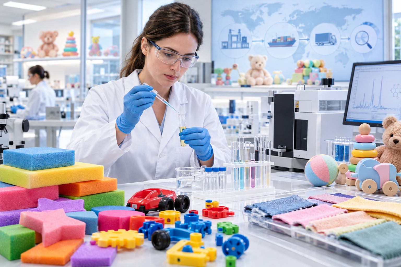 Dans un laboratoire, un scientifique analyse le liquide contenu dans un tube à essai à l'aide d'une pipette ; on aperçoit autour de lui des jouets d'enfants et du matériel de test