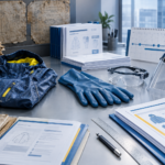Sur la table, un imperméable, des gants de protection, des lunettes et une visière de protection, ainsi que des documents relatifs à la sécurité au travail et le drapeau de l'Union européenne