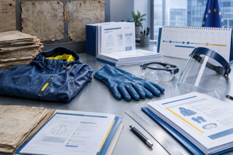 Sur la table, un imperméable, des gants de protection, des lunettes et une visière de protection, ainsi que des documents relatifs à la sécurité au travail et le drapeau de l'Union européenne
